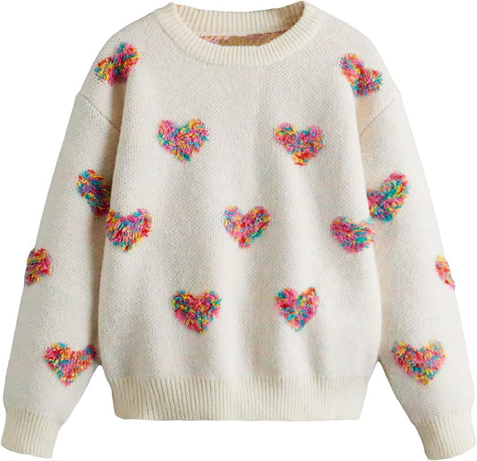 Suéter hueso con corazones de arcoíris